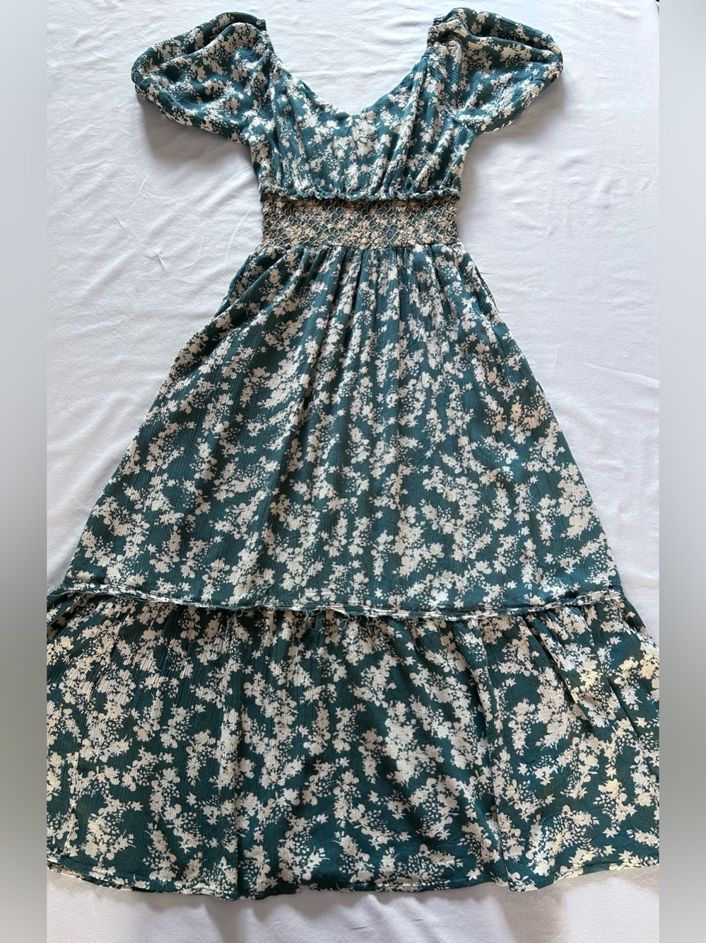 Black Tape Teal Floral Smocked Maxi Dress XS Puff Sleeve Boho